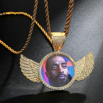 Personalized Custom Hip Hop Jewelry And Men Name Medallion Picture Necklace With Wings Memory Photo Pendant Necklace//