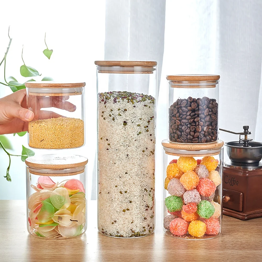 Hot Selling Airtight Clear Grain Kitchen Storage Borosilicate Glass jar Food Storage Container With Bamboo Lid