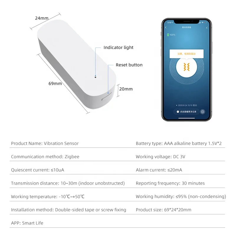 Tuya Smart Zigbee Wireless Vibration Sensor Battery Operated Smart Home Automation Equipment App Control Smart Shock Sensor