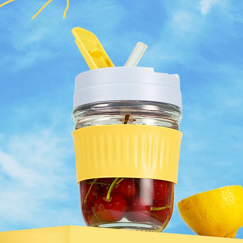 DS2244  Glass Food Storage Containers Travel Coffee Tumbler Mug Mason Jars for Overnight Oats Container Travel Cup with Straw
