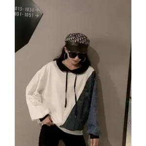 Wholesale autumn 2026 new fashion casual denim splicing sweater women's loose Hong Kong style hooded women'shoodies