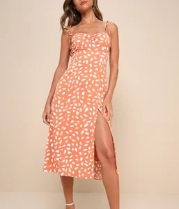 Orange Sexy Lady Summer Dress Floral Printing Pattern Sleeveless Backless Knee-Length Casual Dress for Women