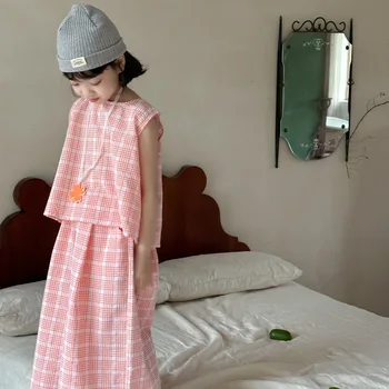 2025 Summer Style Children's Suit for Girls Korean Pink Plaid Two-Piece Set with Sleeveless Vest and Thin Long Pants Suit