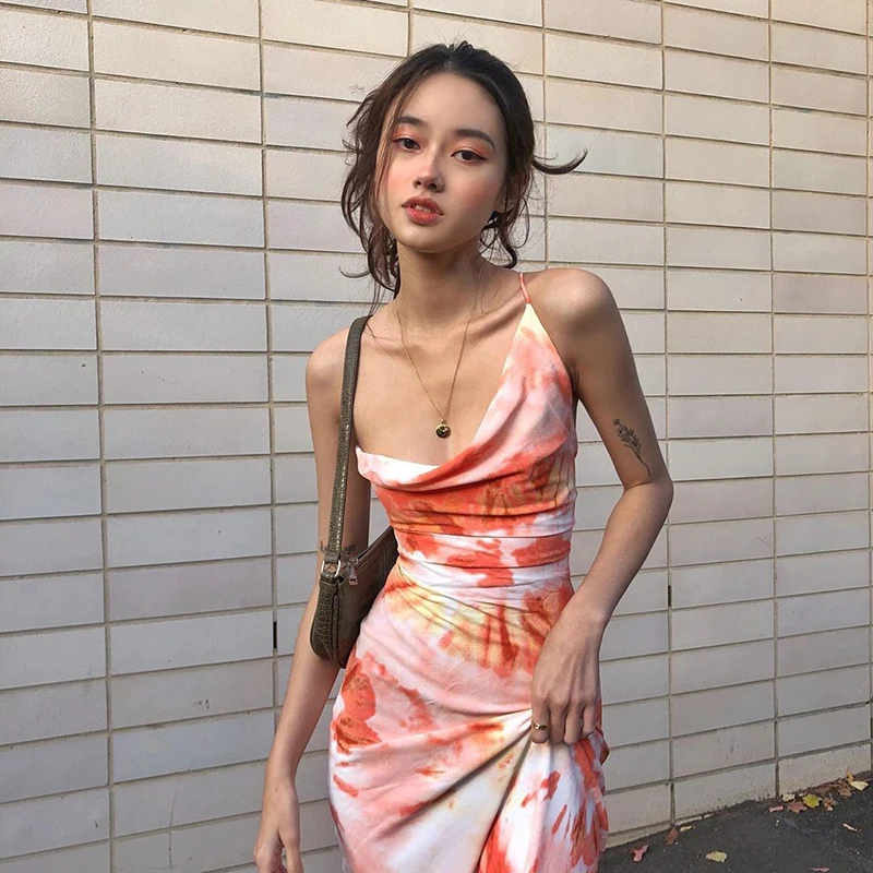 2022 Women Vintage Orange Tie Dye Flower Print Spaghetti Strap Dress Hem  Slim Waist Slit Irregular Long Dresses Sling Vestido