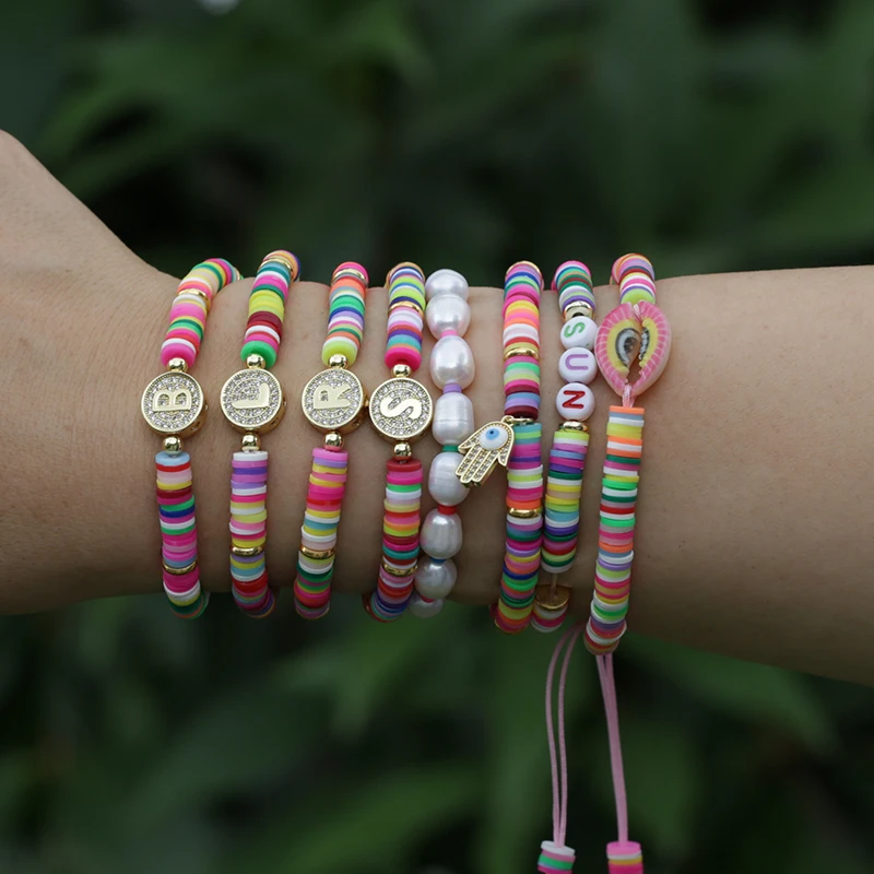 Handmade Fancy Bohemian Polymer Clay Rainbow Bead Friendship Hawaiian Elastic CZ Letter Charm Bracelet for Women Girls