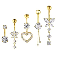 Set of 4 Sexy Stainless Steel 14G Navel Rings with Heart Butterfly Zircon Dangle for Wedding Engagement Body Jewelry Party Gift