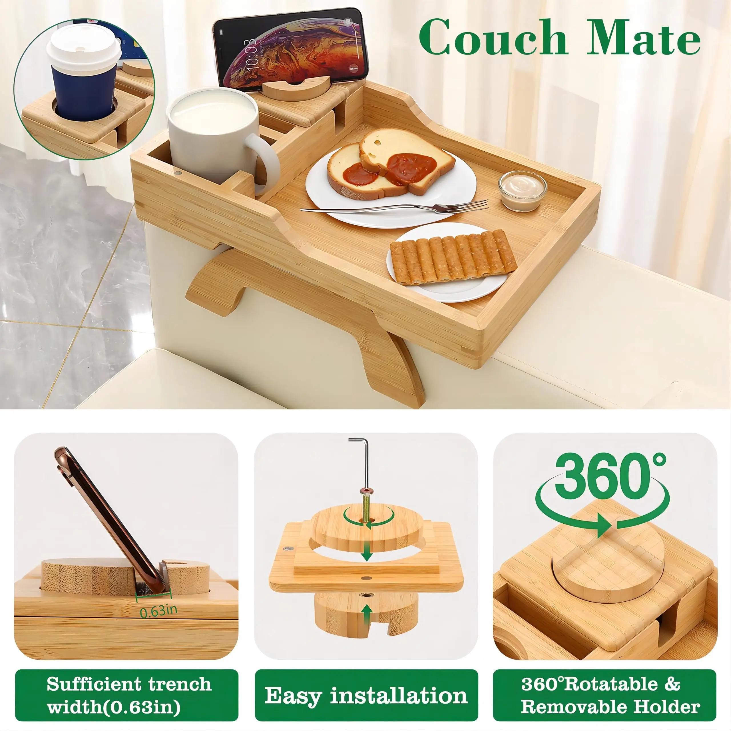Couch Arm Tray, Multi-Function Folding Sofa Armrest Tray with 360°Rotating Phone&Pad Bracket, TV Tray for Eating and Beverage