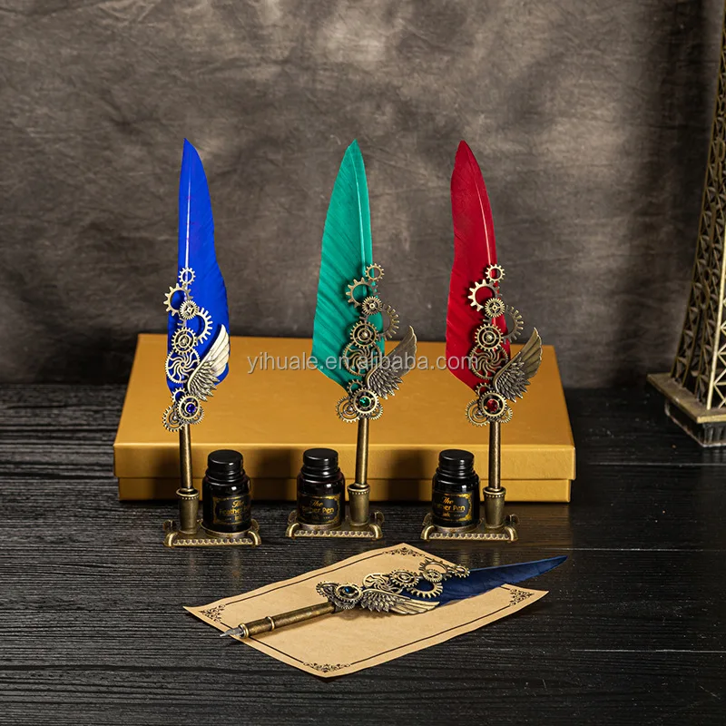 Yihuale Vintage Calligraphy Feather Dip Pen Writing Ink Set DIY Sealing ...