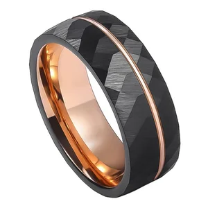 Men Fashion Jewelry Hammered Two Tone Brushed Black Rose Gold Plated Tungsten Carbide Ring Off-set Men Wedding Bands