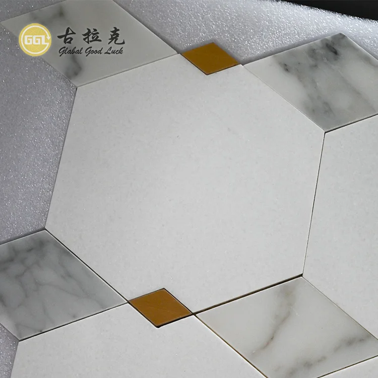 Marble Calacatta Gold Mixed Thassos White  And Brass Waterjet Polished Mosaic Tile for Bathroom Wholesale supplier