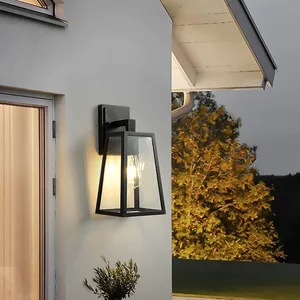 Outdoor clear Glass Lantern Sconce Light Decorative Modern Led Fixture Waterproof Black Garden Wall Lamps