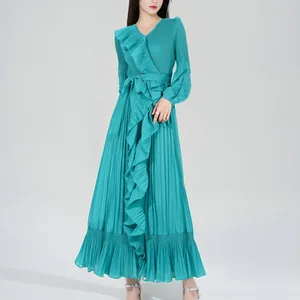 2024 Vintage Style Ladies Maxi Dress High Quality Pleated Ruffled Irregular Layered Ruffle Woven Free Size Casual Party Dress
