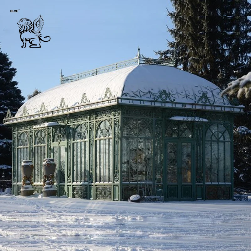 BLVE Large Custom Victorian Style Outdoor Garden Sun Room Wrought Iron Gazebo Glass Green House for Yard