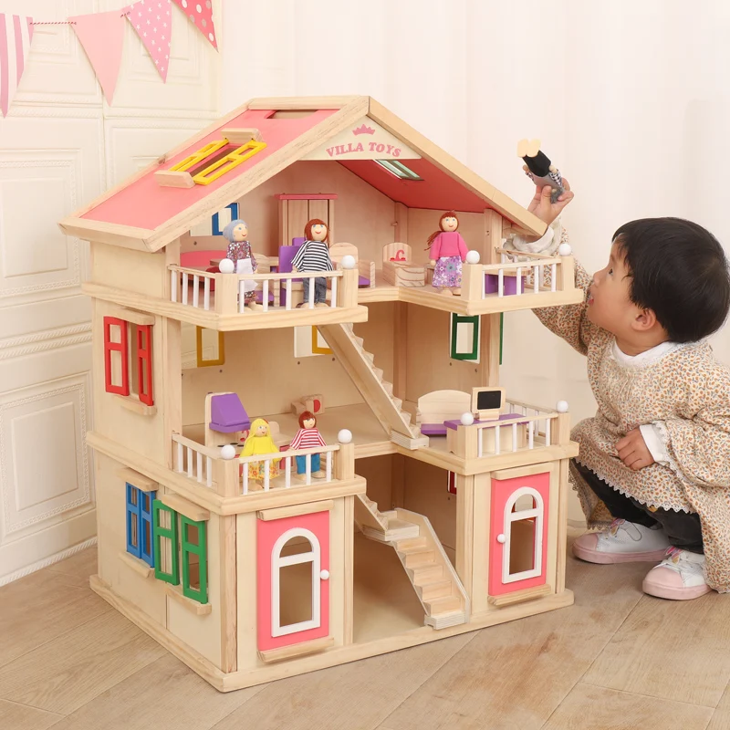 DeAO Maison De Poupée Villa Bleue – 2 Étages, 3 Chambres, Balcon, 3 Figurines Et 17 Accessoires – Jeu Éducatif Dès 3 Ans