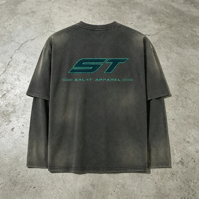 Salati Custom Boxy Tee Double Layer Long Sleeve Men Ripped Graphic Print Distressed Acid Washed Streetwear Vintage T Shirt gallery 2