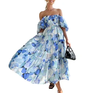 2026 Summer New Spaghetti Strap Empire Waist Midi A-Line Floral Print Eco-Friendly Tube Dress for Women