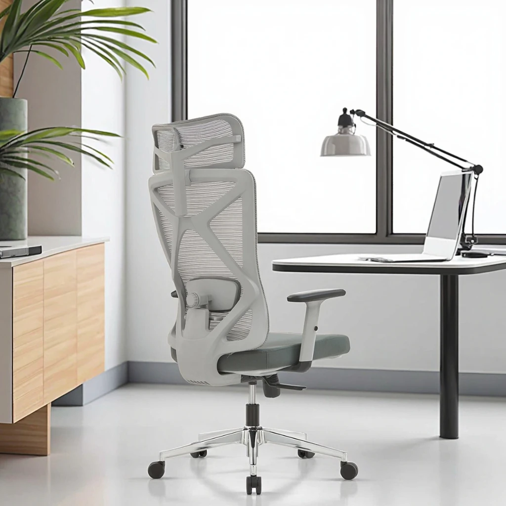 Office Chair with Dual-Layer Mesh Backrest Height Adjustable Lumbar Support PU Armrests High Back Design for Professionals 4