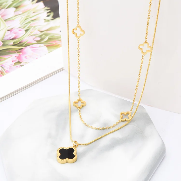 Manufacturer Wholesale Brand Jewellery 18K Gold Plated Stainless Steel  Jewelry Double Layer Clover Necklace Jewelry for Women