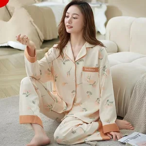 Women's V-neck Pajamas Double Sided Cotton Long Sleeve Pocketed Elastic Waist Breathable Home Wear Cotton Pajamas