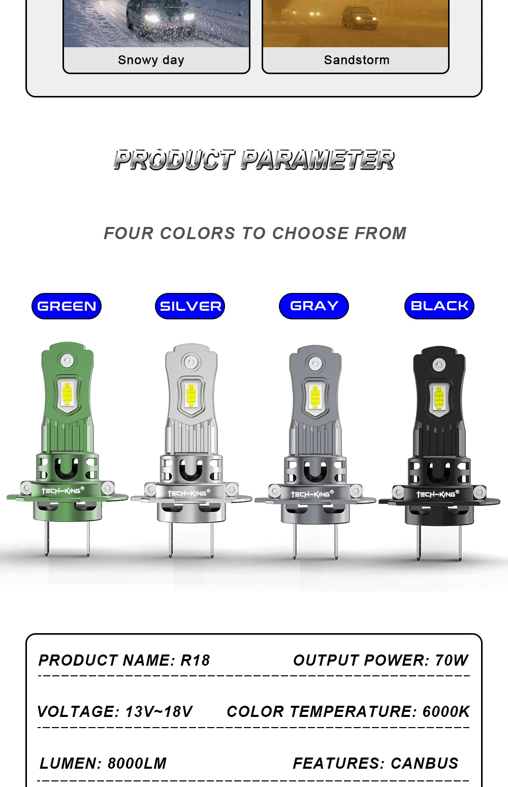 TECH-KING Super Bright R18 70W 7000LM Mini Size 13v H7 Led Plug and Play Headlight 1:1 Car H4 H1 H7 9005 9006 Led Headlight Bulb