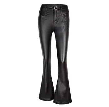 pu leather pants for women office stacked high waisted womens elegant fashion black wide leg faux leather jeans pants women
