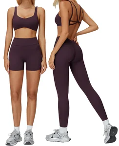 Deep V Neck Solid Front Logo Yoga Sports Bra High for Fitness Running Outfit Leggings 3 Piece Set