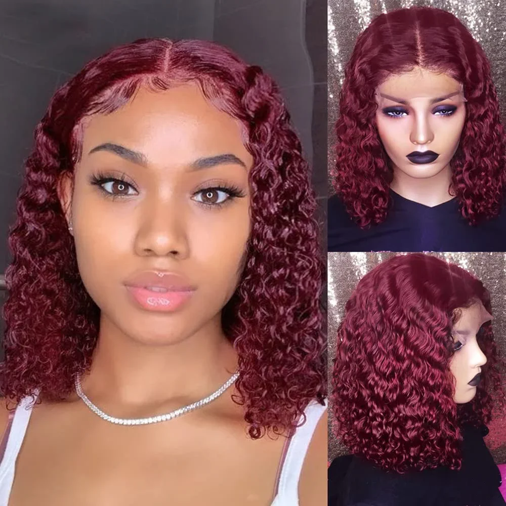 Burgunder Echthaar Lace Front Perücke Kurzer Lockiger Bob Remy_voghion.com