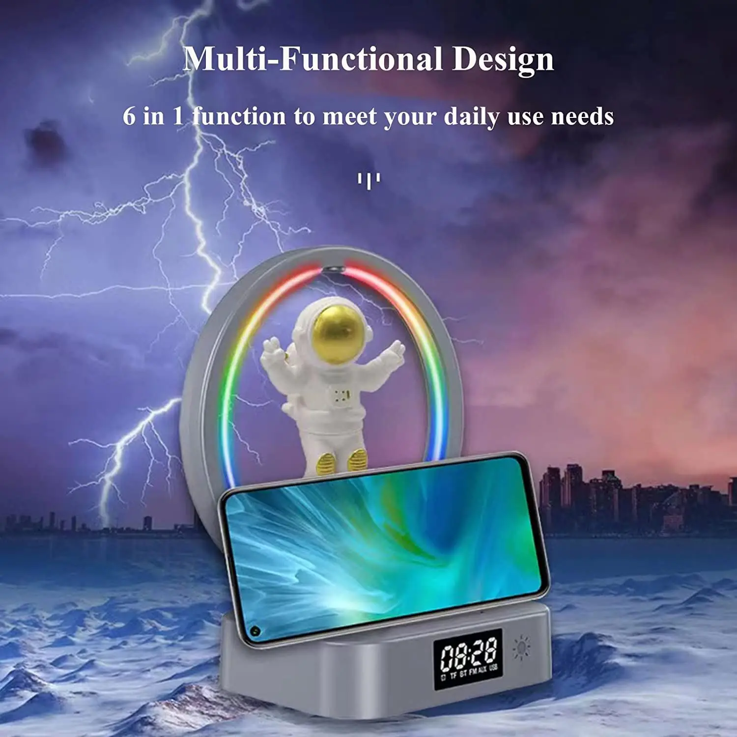 Wireless Charger Alarm Clock Astronaut RGB Atmosphere Light Night Magnetic Levitation Clock Light Astronaut
