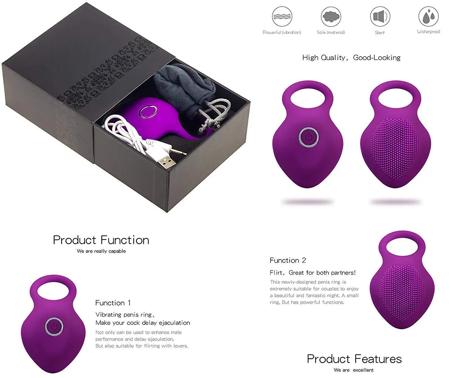 Time Delay Vibrating Cock Ring with Massager Brush Silicone Sex Toys Quiet USB Charged Penis Rings Vibrator 10 Speeds