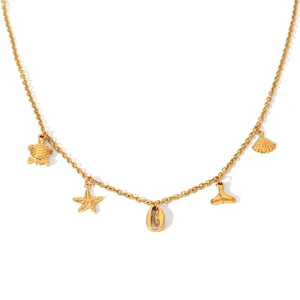 MW Bohemian 18K Gold Plated Stainless Steel Starfish Sea Turtle Shell Tassel Stackable Link Chain Pendant Necklace