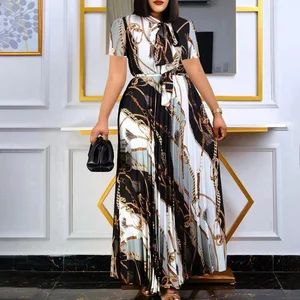 Short Sleeves Floral Printed Plus Size Pleated Tie-up Empire Waist Maxi Dress Evening Dress Manufacturer American Style