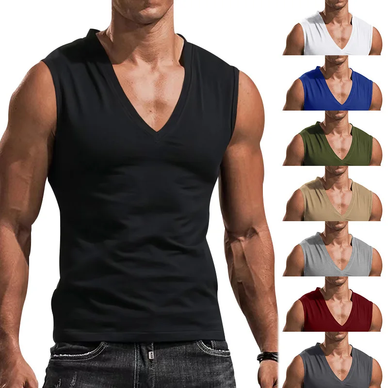Men's Solid Color V Neck Vest Casual Breathable Sleeveless T-Shirt Vest956_voghion.com