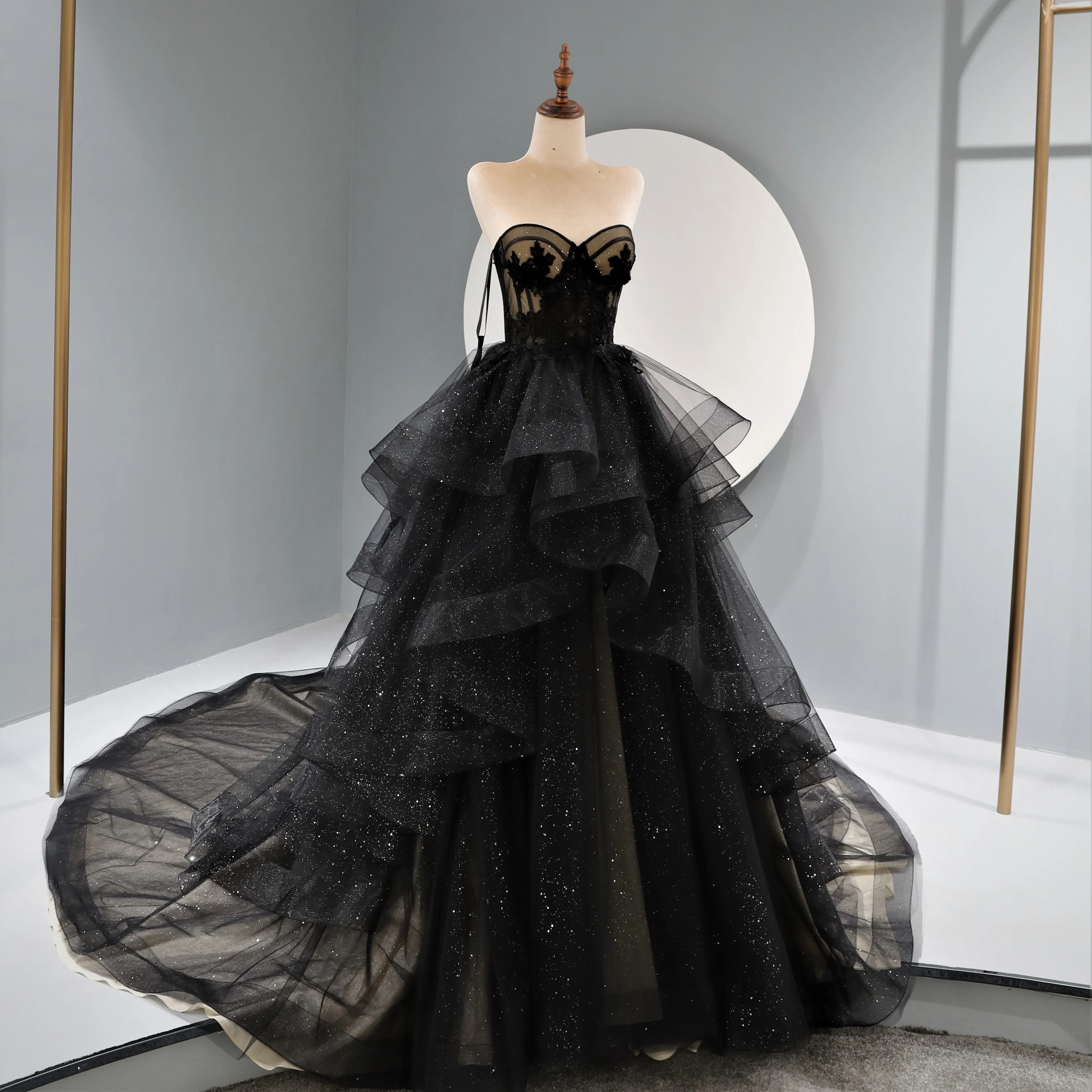 Black Lace Wedding Dress Vestido De Noiva For Bride Tiered Skirt ...