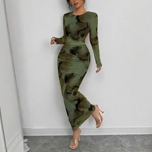 Elegant Round Neck Mesh Dress with Long Tie Dye Gradient Pattern Vintage Long Sleeve Bodycon Dress Women