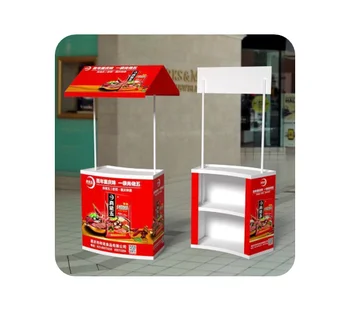 Customized Metal Exhibition Booth Sunshade Supermarket Advertising Table with Drinking Eating Table Floor Promotion Shelves