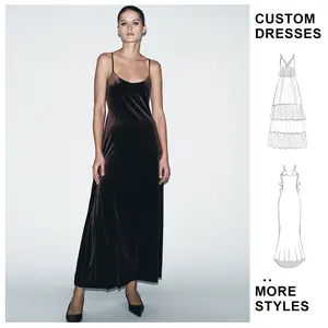 Custom Dresses Wholesale Winter New Women's Vintage Sexy Backless Velvet Empire Waist Mandarin Collar Long Camisole Dress