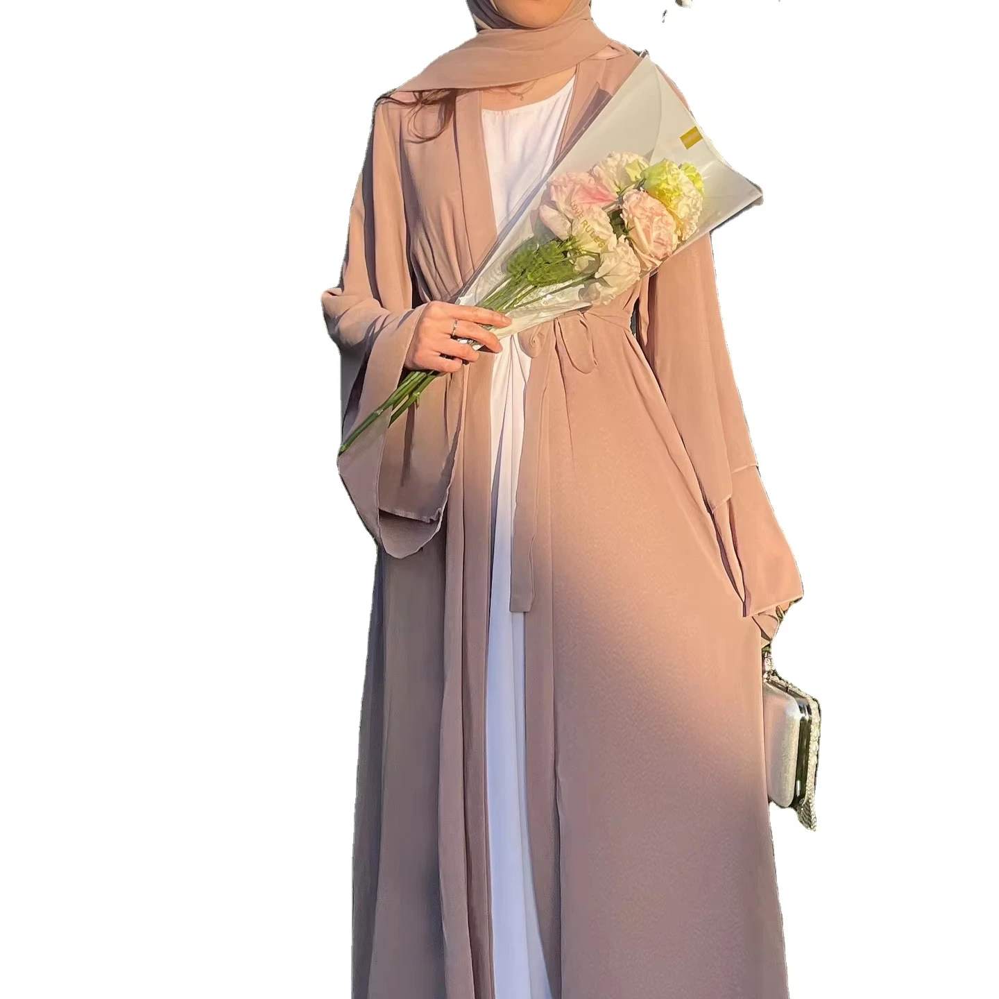 Dubai Modest Chiffon Prayer Dress for Muslim Women 2-Piece for Jilbab Abaya  Robe Gown Set Spring Silk Linen Fabric Middle Easter