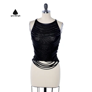 Women Black Mesh Leather Strap Tank Top Sleeveless Layered Strappy Design Sheer Fabric Edgy Sexy See Through Night Club Out