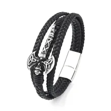 Factory Direct Sales Men Fashion Jewelry black stainless steel bracelet for men leather bracelet Braided hand rope