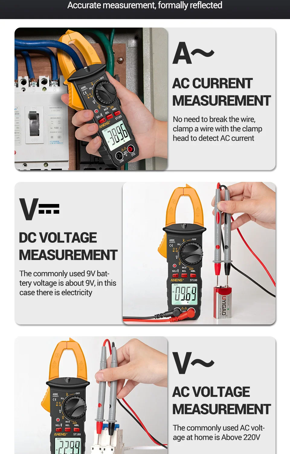 ST180 Digital Clamp Meter 4000 Counts AC Current Ammeter Multimeter ...