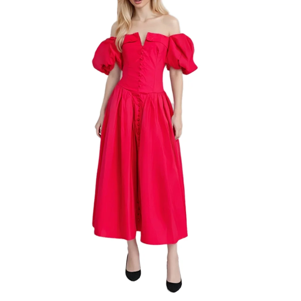 full skirt midi dress with sleeves Mac Duggal Women's High Neck Puff Sleeve Ruffle Tiered Dress - Pink - Size 14