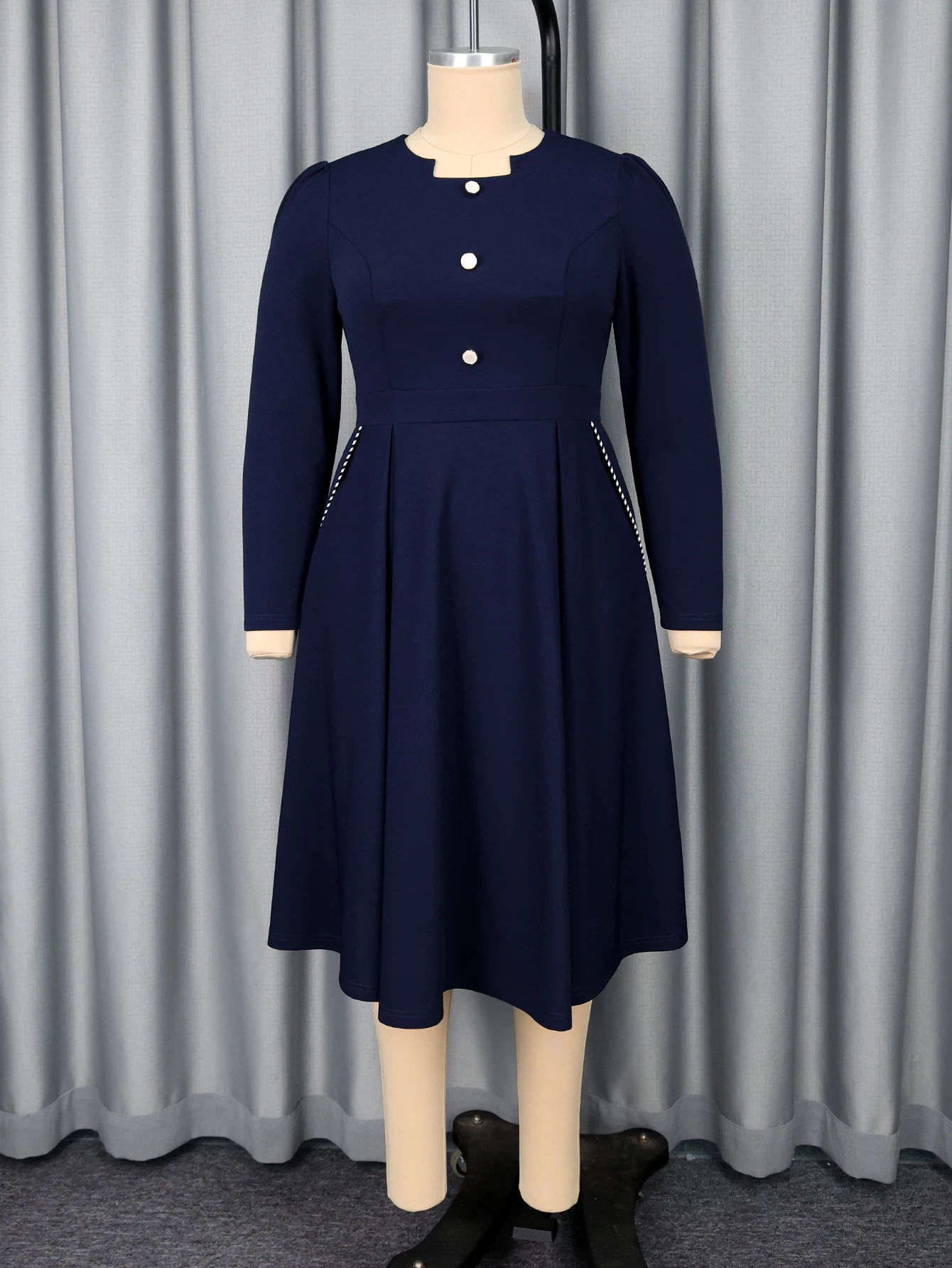 AM050522 Vintage Long Sleeve Buttons High Waist Navy Plus Size a Line Midi  Formal Women Career Dresses