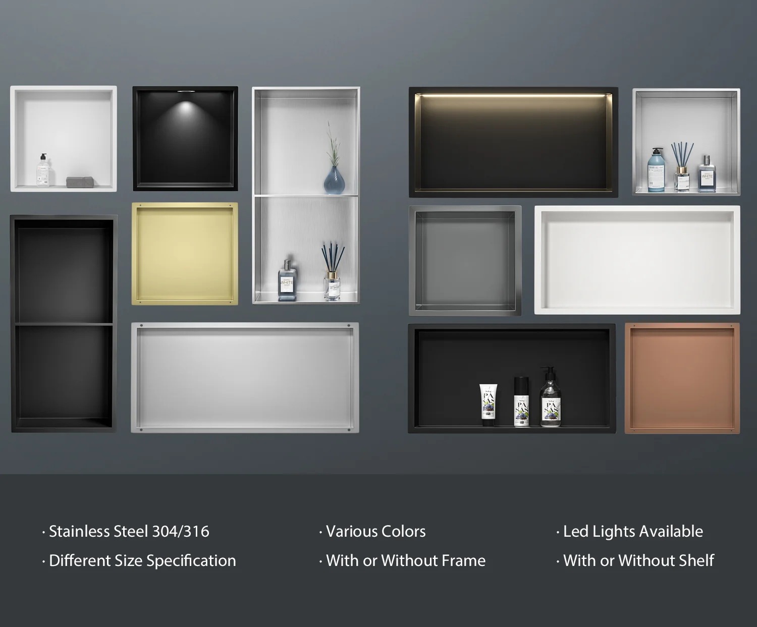 Customized Bathroom Shower Niche Products Stainless Steel Shower Wall