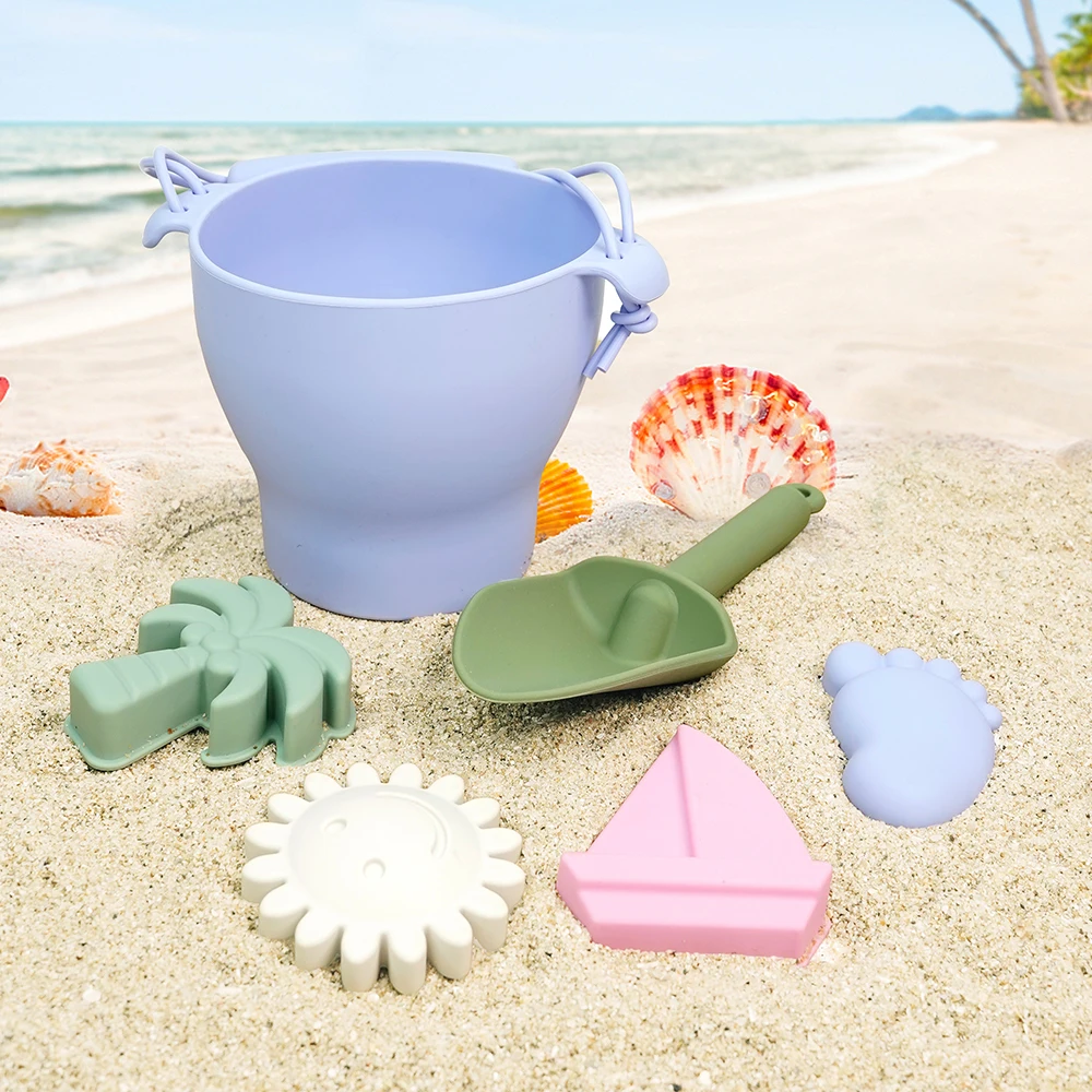 New Design Custom Logo Summer Sand Bucket Beach Baby Toys Set Eco Soft Silicone Game Play for Kids DIY  Wholesale