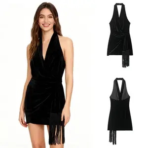 European American Cross-border Women's Vintage Velvet Halter Neck Tassel A-Line High Waist Sleeveless Summer Dress Belt Woven