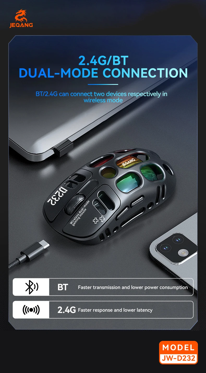 Jeqang JW-D232 RGB 2.4G BT Dual-Mode 6D Ergonomic Gaming Mouse Magnesium Alloy Hollow Design Optical Tracking Backlit