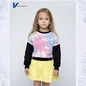 Girls' Spring-Autumn Crew Neck Sweatshirt with Tie-Dye Pink-Blue-White Gradient Ombre Black Ribbed Cuff and Hem Trim