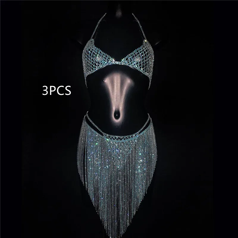 Seductive Body Chain Set with Blue Crystal - Nightclub Bikini Bra, Shorts, Skirt, and Body Jewelry for Women