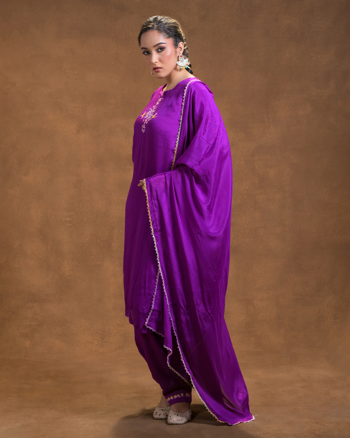 Designer Suit with Dupatta Hand Embroidery Salwar Kameez Style Women Suit Handwork Phulkari Design Pure Chinon Fabric Full Suit