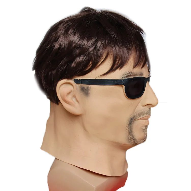Realistic Man Mask with Wig Latex Human Face With Sunglasses Funny Rubber Masquerade Artificial Human Full Head Party Mask